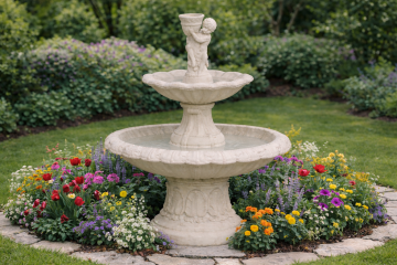 Medium Round Concrete Water Fountain / Boy Holding Bowl